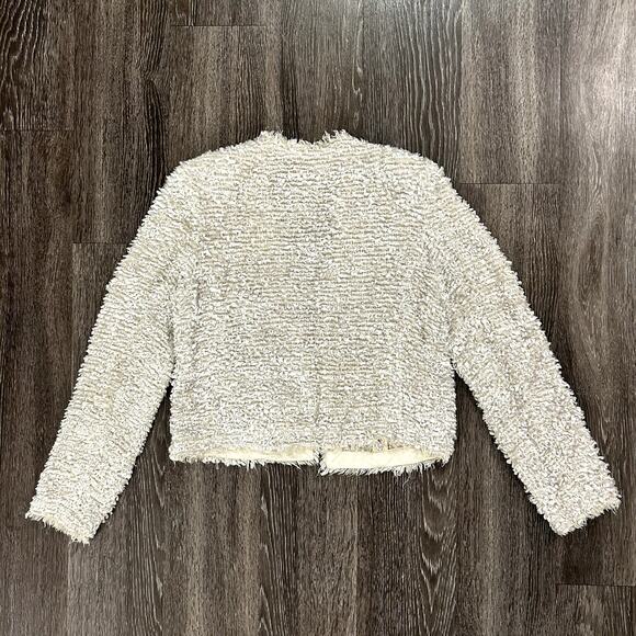 EUC L’AGENCE Cream Bouclé Tweed Open Front Frayed Jacket Sz 8 Silk Blend Cropped - Picture 4 of 16